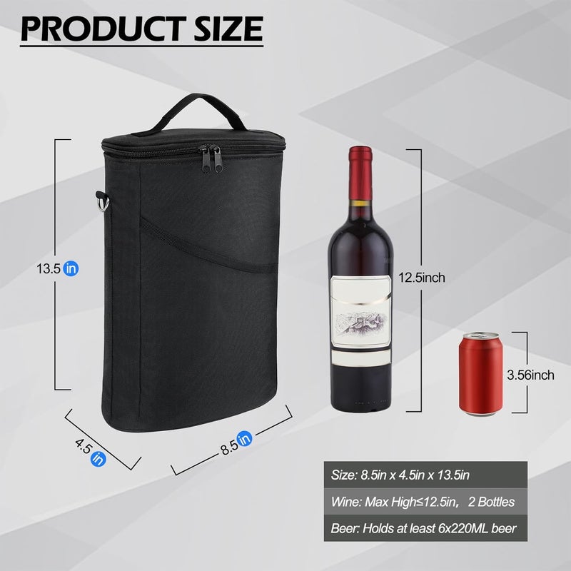 bruwaa 2 Bottle Wine Cooler Bag, Leakproof Insulated Padded Wine Gift Tote Carrier with Handle and Adjustable Shoulder Strap, for Travel, Wine Tasting, Party, Christmas Gift for Wine Lover - Black - Image 2